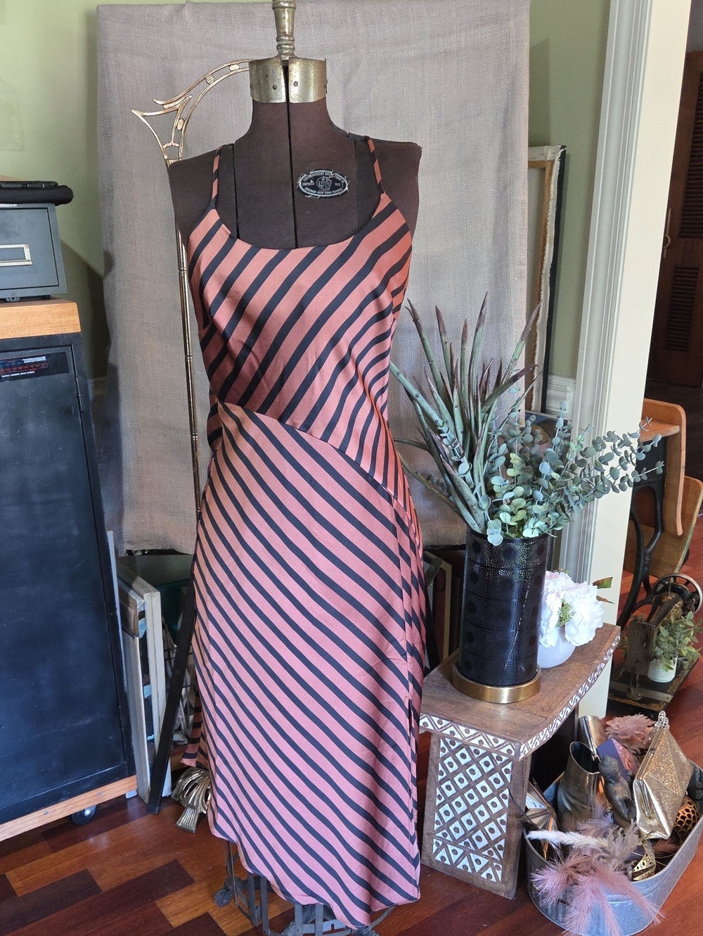 a new day Striped Slip Midi Dress in Copper and Black S